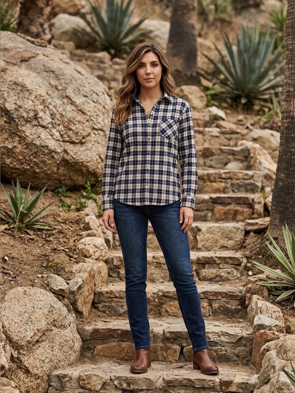 Women's Navy and Cream Plaid Flannel Button -Down Shirt